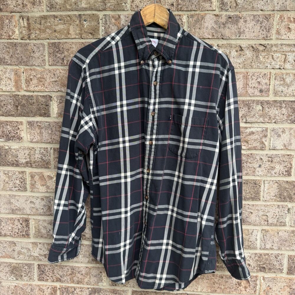 Brooks Brothers 346 Men's M Black Tartan Plaid Distressed Frayed Polo Shirt